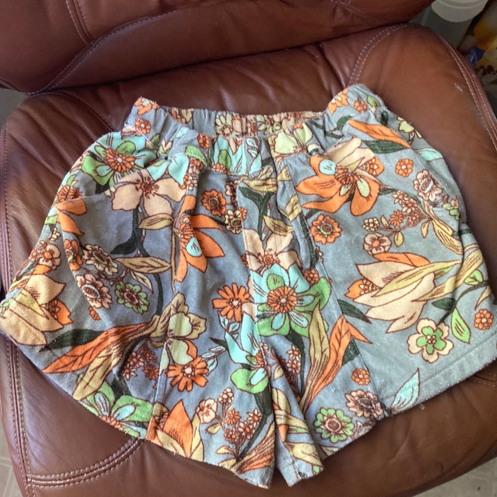Free People Floral High-Waist Elastic Shorts in Gray, Orange & Green